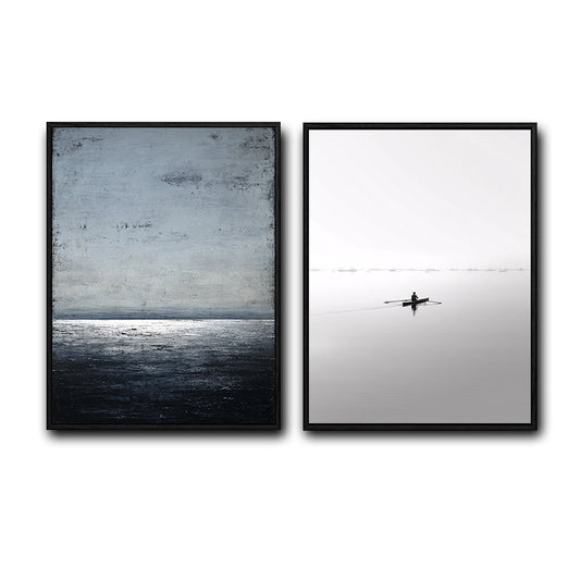 2 Piece Calm Sea Horizon Rowing Man Silhouette Canvas Prints Muted Tone Nordic Coastal Abstract Wall Art