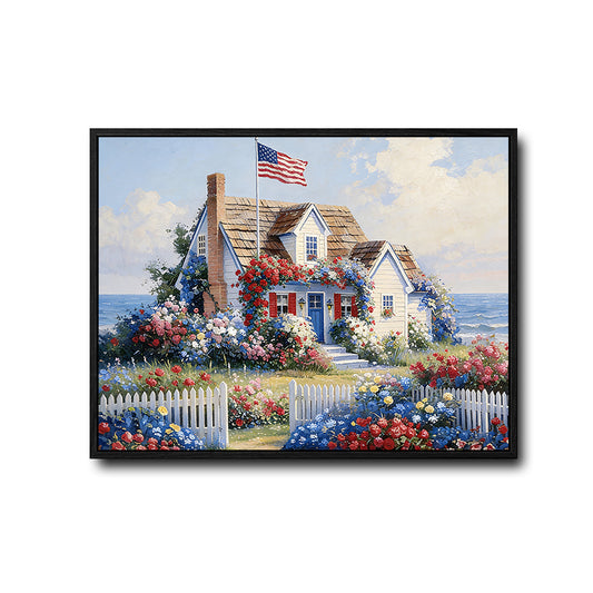 Coastal American Cottage Canvas Wall Art, Seaside House with US Flag Floral Garden Oil Painting, Farmhouse Beach Home Framed Canvas Print