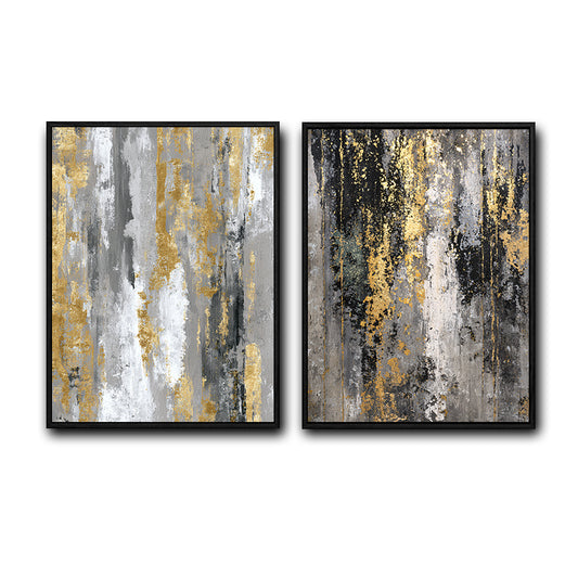 2 Piece Modern Neutral Gray Gold Leaf Abstract Canvas Prints Vertical Palette Knife Luxury Abstract Wall Art