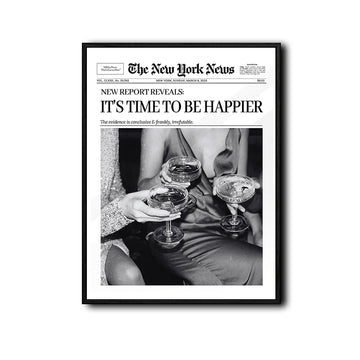 Retro Newspaper It's Time To Be Happier Wall Canvas, Ladies Toasting Champagne Statement Print, Funky Maximalist Home Wall Decor