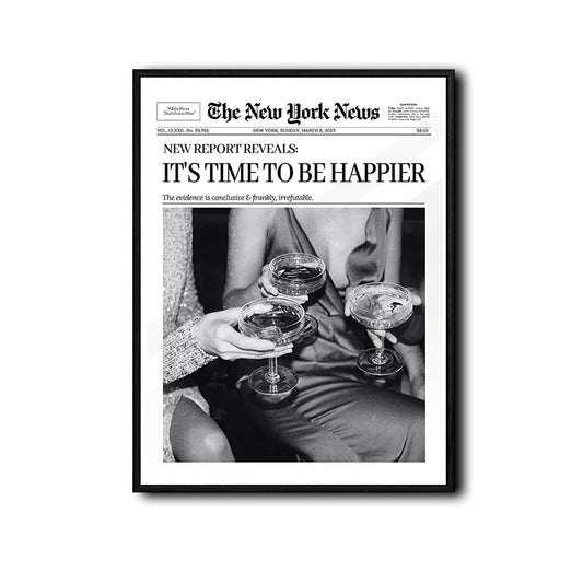 Retro Newspaper It's Time To Be Happier Wall Canvas, Ladies Toasting Champagne Statement Print, Funky Maximalist Home Wall Decor