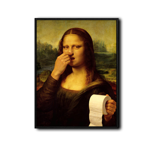 Funny Mona Lisa Holding Toilet Paper Wall Art, Parody Classic Painting Canvas Print, Quirky Vintage Bathroom Decor