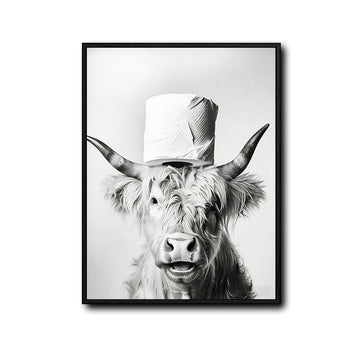 Funny Highland Cow Toilet Paper Hat Canvas Wall Art Farmhouse Bathroom Decor