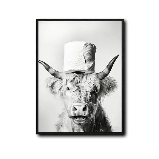 Funny Highland Cow Toilet Paper Hat Canvas Wall Art Farmhouse Bathroom Decor