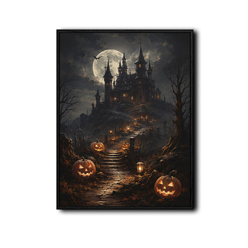 Haunted Castle Full Moon Jack‑O‑Lantern Halloween Framed Wall Art Print
