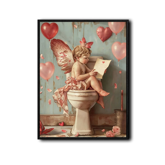 Valentine Cupid on Toilet Canvas Wall Art, Funny Cherub Reading Love Letter Pink Heart Balloons Framed Canvas Print, Quirky Vintage Bathroom Romantic Wall Decor