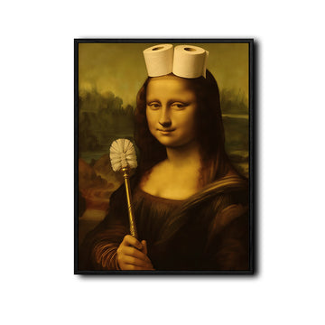 Quirky Mona Lisa Bathroom Parody Canvas Wall Art, Toilet Paper Crown Toilet Brush Funny Altered Art Poster