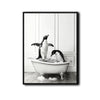 Novelty Penguin Bath Wall Canvas, Monochrome Penguins Splashing In Bathtub Artwork, Fun Powder Room Home Decor