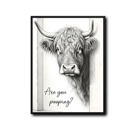 Funny Highland Cow Are You Pooping Canvas Wall Art Farmhouse Bathroom Decor