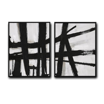 2 Piece Modern Impasto Abstract Line Canvas Prints Bold Black Brush Painting Neutral Contemporary Wall Art