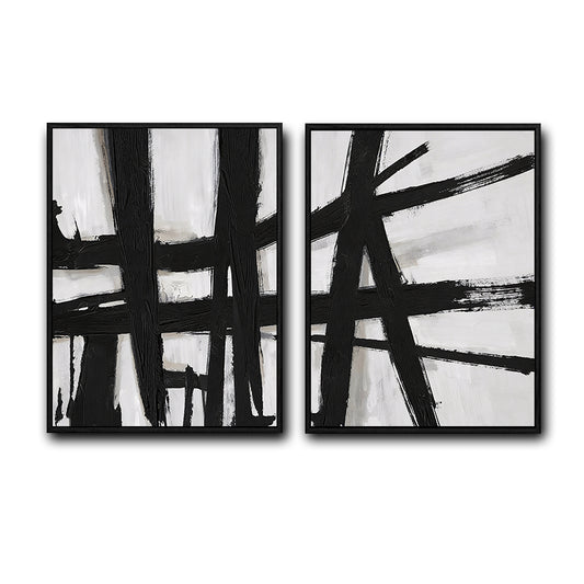 2 Piece Modern Impasto Abstract Line Canvas Prints Bold Black Brush Painting Neutral Contemporary Wall Art