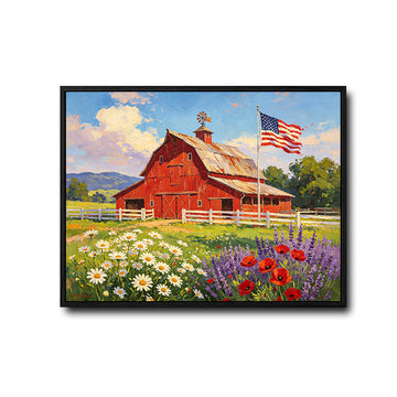 Red Barn American Flag Wildflower Field Canvas Wall Art, Farmhouse Country Lavender Poppy Daisy Landscape Canvas Print, Patriotic Rustic Farm Decor