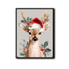 Cute Christmas Deer Santa Hat Framed Wall Art Watercolor Farmhouse Holiday Print