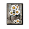 Rustic Farmhouse Wall Decor, White Sunflowers In Galvanized Bucket “FLOWERS & SUNLIGHT” Distressed Wood Background Vertical Canvas Art, Shabby Chic Country Floral Artwork