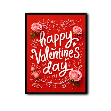 Romantic Valentine’s Day Framed Wall Art, Red Background Pink Rose Love Canvas Painting, Valentine Gift for Her Couple Home Decoration