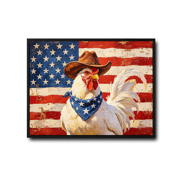 Rustic Cowboy Rooster American Flag Canvas Wall Art, Patriotic Farm Chicken Country Farmhouse Canvas Painting