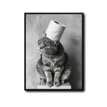 Black White Tabby Cat With Toilet Paper Roll On Head Canvas Wall Art Funny Animal Bathroom Wall Decor For Cat Lovers