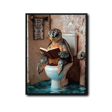 Sea Turtle Reading Book On Toilet Canvas Wall Art Funny Rustic Nautical Bathroom Wall Decor