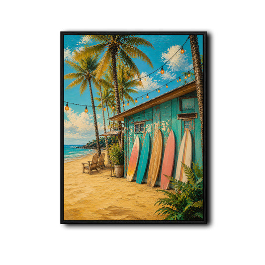 Tropical Surf Shack Canvas Poster, Summer Ocean Beach Surfboard Palm Tree Artwork for Cottage Gallery Wall Decor