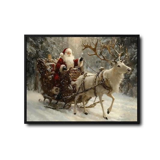 Retro Christmas Santa & White Reindeer Canvas Wall Decor
