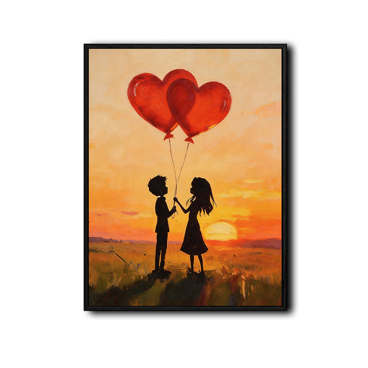 Valentine Couple Silhouette Sunset Canvas Wall Art, Boy Girl With Red Heart Balloons Framed Canvas Print, Romantic Couple Bedroom Wall Decor