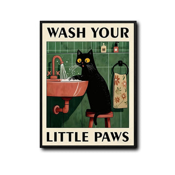 Cute Black Cat Wash Your Little Paws Canvas Wall Art Kids Bathroom Decor