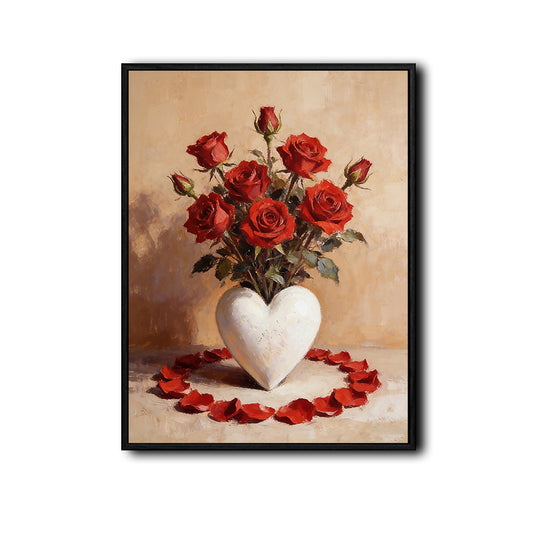 Valentine Red Roses in White Heart‑Shaped Vase Canvas Wall Art, Vintage Oil Painting Still Life with Rose Petals Framed Canvas Print, Romantic Bedroom Wall Decor