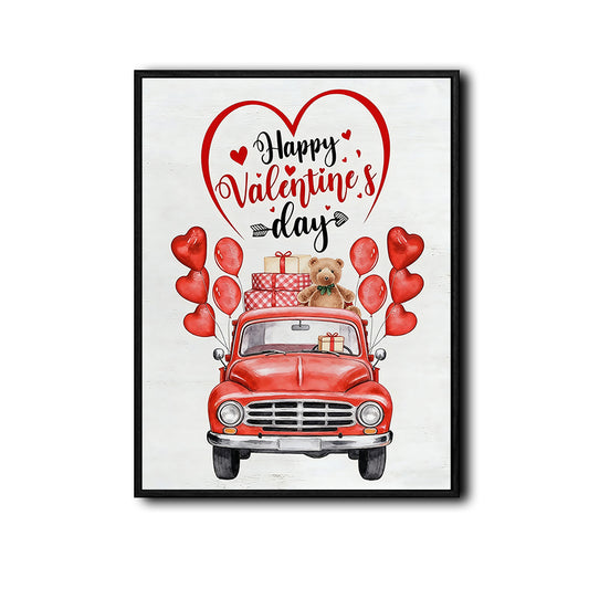 Valentine Red Vintage Truck Canvas Wall Art, Happy Valentine's Day Heart Balloon Teddy Bear Gift Framed Canvas Print, Farmhouse Romantic Home Wall Decor