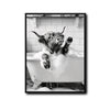 Black And White Highland Cow In Bubble Bathtub Canvas Wall Art Funny Farmhouse Bathroom Wall Decor