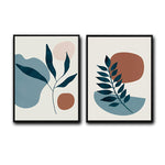 Set of 2 Teal Leaf Boho Botanical Abstract Canvas Wall Art Neutral Decor