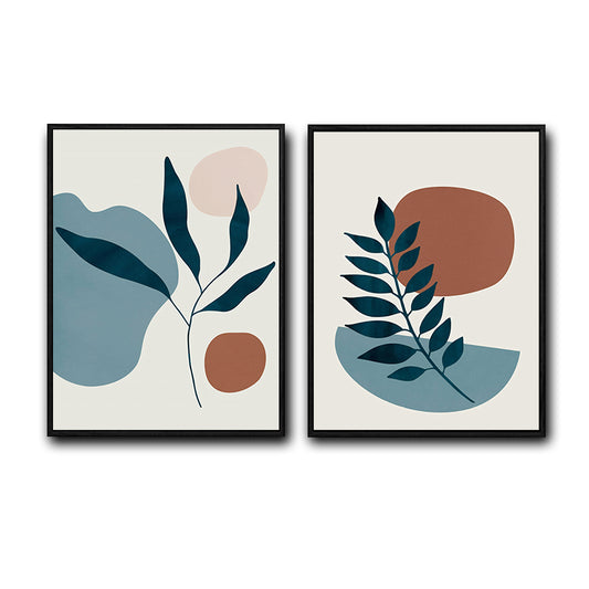 Set of 2 Teal Leaf Boho Botanical Abstract Canvas Wall Art Neutral Decor