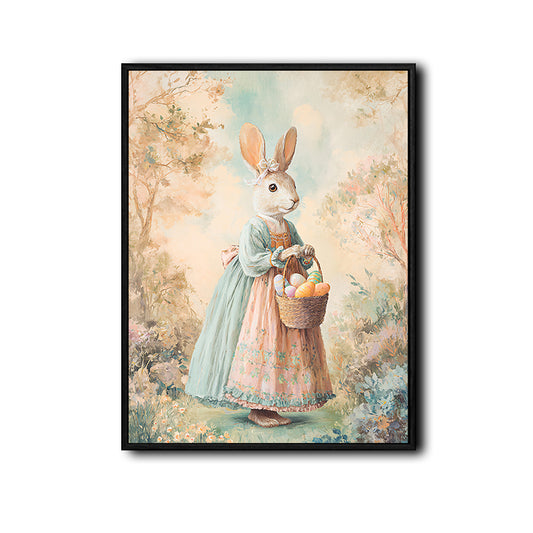 Pastel Dress Easter Bunny Holding Egg Basket Garden Canvas Wall Art