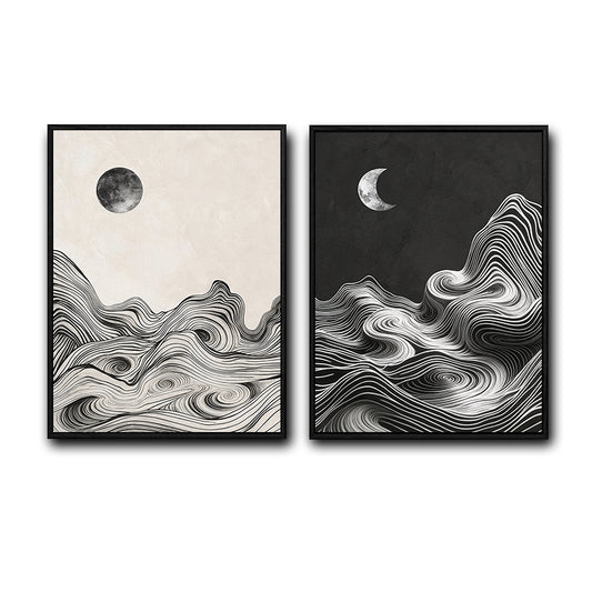 2 Piece Wabi Sabi Day Night Sun & Crescent Moon Mountain Contour Line Canvas Prints Neutral Oriental Modern Landscape Wall Art