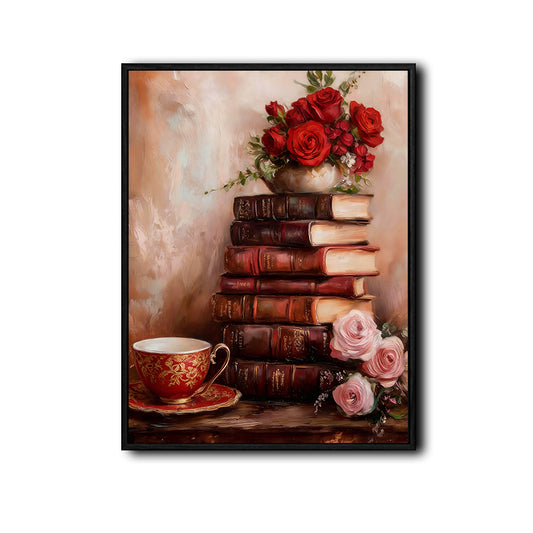 Valentine Vintage Book Stack Red Pink Rose Teacup Canvas Wall Art, Romantic Still Life Oil Painting Framed Canvas Print, Farmhouse Bedroom Library Wall Decor