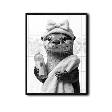 Funny Spa Otter Bathroom Wall Art, Otter With Shower Cap Bow Towel Soap Bottle Black White Canvas Print, Quirky Animal Restroom Wall Decor