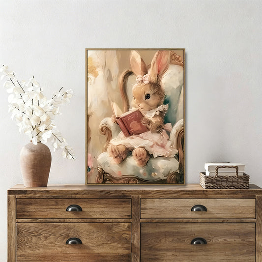 Vintage Easter Bunny Reading Book Wall Art, Cute Rabbit in Pink Dress Framed Canvas Print, Pastel Spring Home Decor for Nursery Bedroom Living Room, Light Oak Wooden Frame Farmhouse Wall Decor
