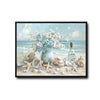 Beach Seashell Starfish Blue Flower Vase Canvas Wall Art, Coastal Seaside Floral Ocean Scene Impasto Painting Print, Horizontal Farmhouse Beach House Wall Decor