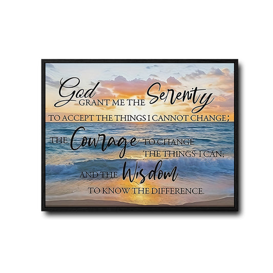 Serenity Prayer Beach Sunset Wall Art, God Grant Me The Serenity Quote Canvas Print, Christian Coastal Inspirational Home Decor