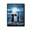 Elephant and Giraffe Watching Full Moon Over Ocean Canvas Wall Art, Wild Animals on Seaside Rock Vertical Print, Mystical Night Seascape Living Room Bedroom Wall Decor