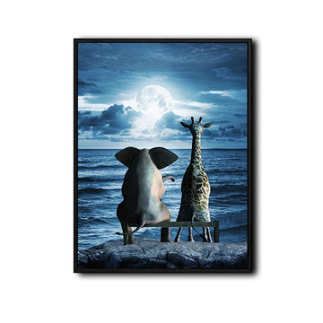 Elephant and Giraffe Watching Full Moon Over Ocean Canvas Wall Art, Wild Animals on Seaside Rock Vertical Print, Mystical Night Seascape Living Room Bedroom Wall Decor