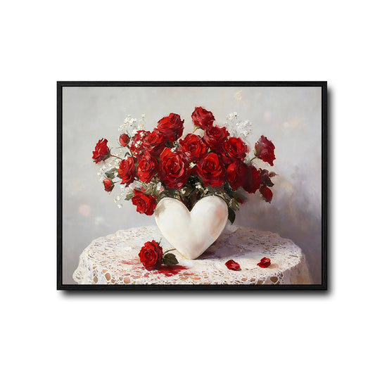 Valentine Red Roses in Heart‑Shaped Vase Canvas Wall Art, Vintage Still Life Lace Table Framed Canvas Print, Romantic Bedroom Dining Room Wall Decor