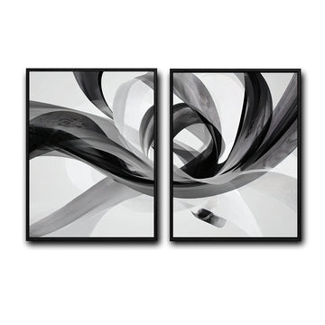 2 Piece Modern Grey Black Fluid Wave Abstract Canvas Prints Translucent Silk Ribbon Contemporary Neutral Wall Art