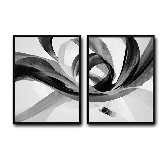 2 Piece Modern Grey Black Fluid Wave Abstract Canvas Prints Translucent Silk Ribbon Contemporary Neutral Wall Art