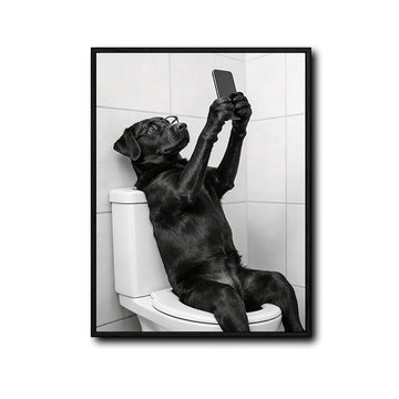 Funny Black Dog Selfie On Toilet Canvas Wall Art Cute Bathroom Decor