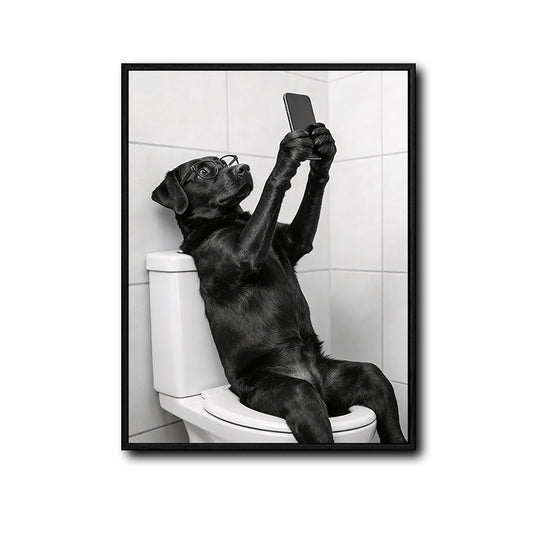 Funny Black Dog Selfie On Toilet Canvas Wall Art Cute Bathroom Decor