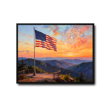 Patriotic USA Flag Firework Sunset Mountain View Canvas Wall Art, Independence Day Framed Artwork Living Room Decor