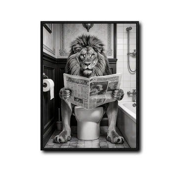 Funny Lion On Toilet Reading Newspaper Canvas Wall Art Cool Bathroom Decor