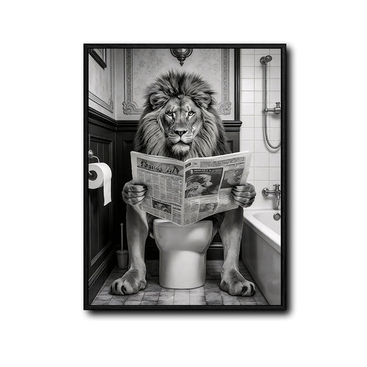 Funny Lion On Toilet Reading Newspaper Canvas Wall Art Cool Bathroom Decor