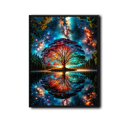 Magical Tree of Life Galaxy Reflection Canvas Wall Art, Colorful Rainbow Tree Lake Milky Way Starry Sky Vertical Print, Fantasy Cosmic Nature Landscape Wall Decor