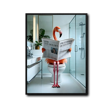 Funny Flamingo Toilet Reading Newspaper Canvas Wall Art, Humorous Bathroom Decor